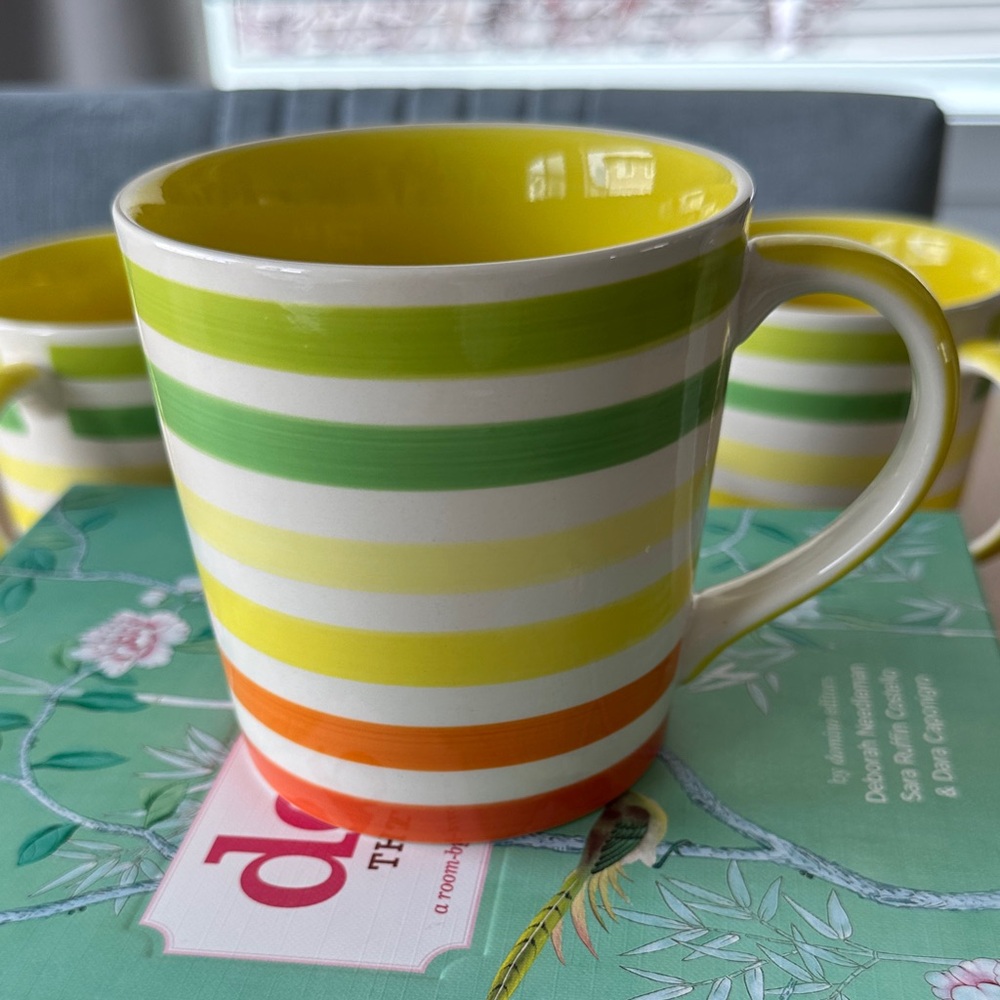 Set of 4 Crate&Barrel Vibrant Striped Mug - Green, Yellow, Orange